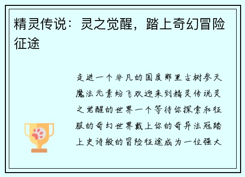 精灵传说：灵之觉醒，踏上奇幻冒险征途